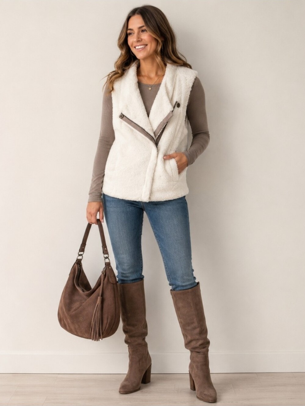 Sanctuary Ivory Sherpa Moto Vest Faux Shearling Asymmetrical Zip Teddy Vest Sz M